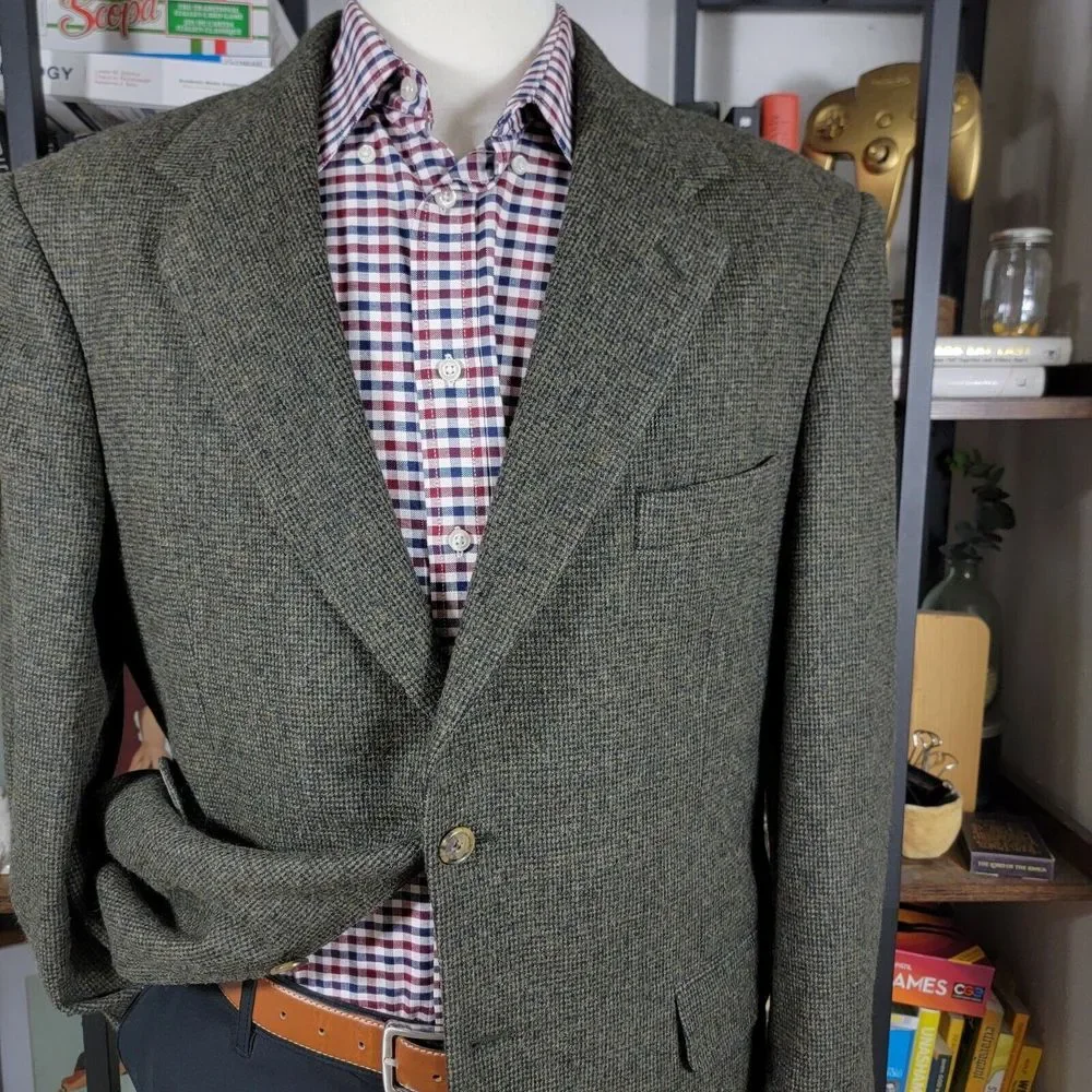 VTG Club House Men's Flannel Sport Coat Blazer‎ Two Button Green Brown Size 42R